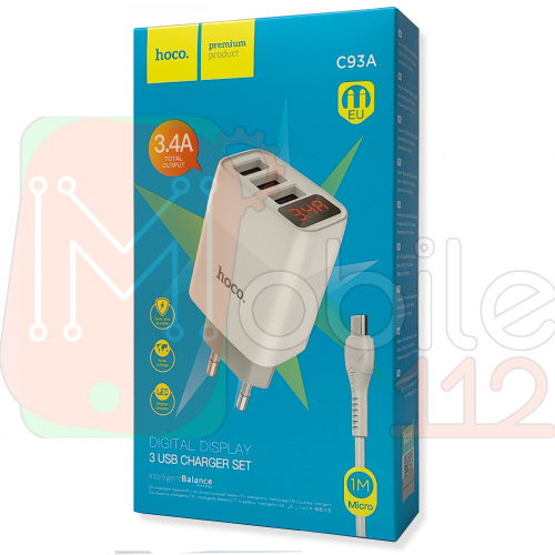 Зарядний пристрій  Hoco C93A Easy Micro 1m 3USB 3.4A з дисплеєм (біле)