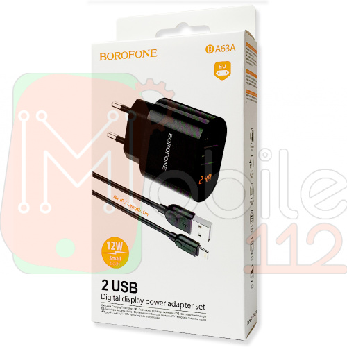 Зарядное устройство Borofone BA63A Richy 12W, 2 USB c кабелем Lightning и дисплеем (черное)