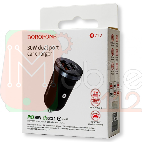 Авто зарядный адаптер Borofone BZ22 Scenery Type C 30W + USB QC3.0 (черный)