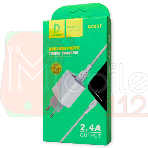 Зарядний пристрій Denmen DC05T 2USB із кабелем Type C 2.4A (білий)