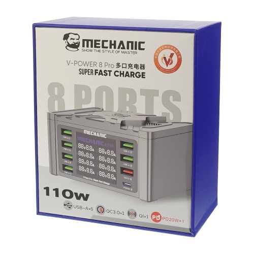 Зарядная станция с индикацией параметров зарядки Mechanic V- Power 8 Pro 110W (6 USB 2.4А/ 1 USB QC 3A/ 1 Type C - PD 20W/ Wireless fast charging 15W) фото 7