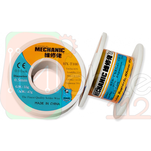 Припой Mechanic HX-T100 Sn 63%, Pb 37%, CI (Flux) < 0.1%, Flux 1-3%, 55 г, D0,5 мм, 183 °C