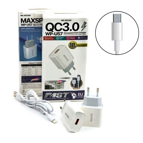 Зарядний пристрій WK WP-U57 18W + кабель USB Type-C (біле) фото 2