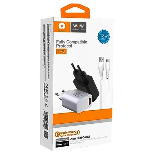 Зарядний пристрій WUW-T73 USB QC3.0 18W Lightning (чорне) фото 2 Зарядний пристрій WUW-T73 USB QC3.0 18W Lightning (чорне) фото 2