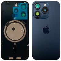 Задняя крышка Apple iPhone 15 Pro (синяя Blue Titanium с рамкой, стеклом камер и магнитом)