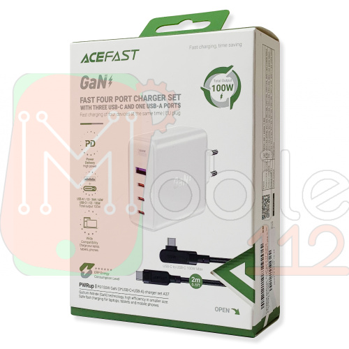 Зарядний пристрій AceFast A37 GaN3 PD100W 3 USB-C 1USB з кабелем Type C to Type C 2 м (білий)