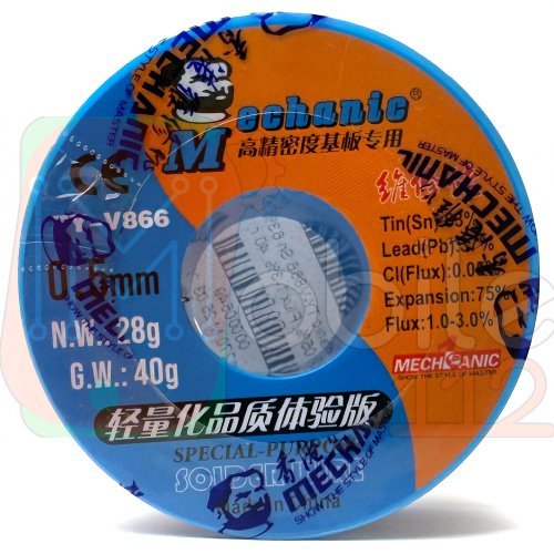 Припой Mechanic TY-V866 Sn 63%, Pb 37%, CI (Flux) 0.05%, Flux 1-3%, 40 г, 185 °C, D0,5 мм