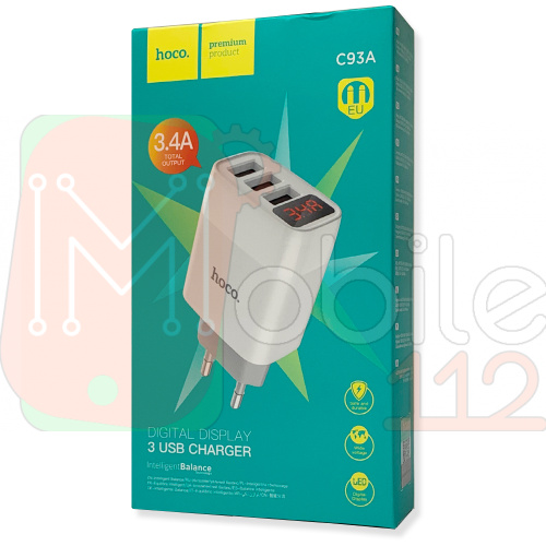 Мережевий адаптер Hoco C93A Easy 3USB 3.4A з дисплеєм (білий)