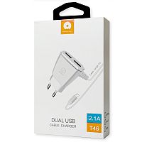 Зарядное устройство WUW T46 2USB с встроенным кабелем Type C  2.1A (белое)