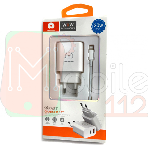 Зарядное устройство WUW-T72 20W Type-C + USB QC18W с кабелем Type C Lightning (белое) фото 2