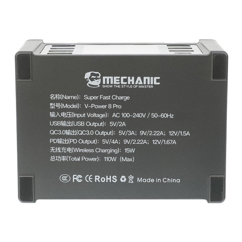 Зарядная станция с индикацией параметров зарядки Mechanic V- Power 8 Pro 110W (6 USB 2.4А/ 1 USB QC 3A/ 1 Type C - PD 20W/ Wireless fast charging 15W) фото 4