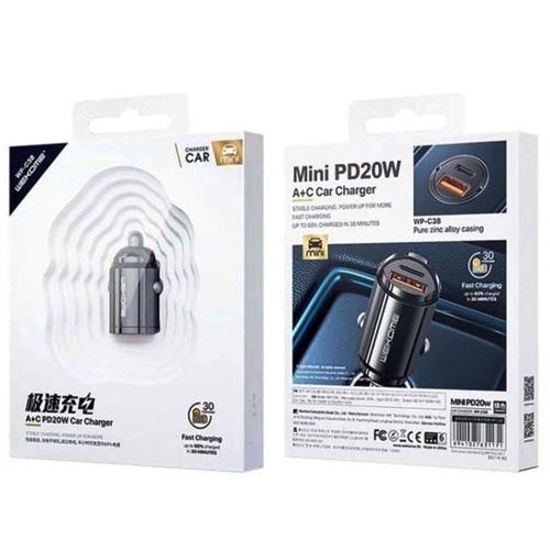 Авто зарядний адаптер Wekome WP-C38 Mini Car Charger 1USB 1Type-C 3A 20W (чорне) фото 2