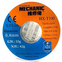 Припій Mechanic HX-T100 Sn 63%, Pb 37%, CI (Flux) < 0.1%, Flux 1-3%, 55 г D0,4 мм, 183 °C