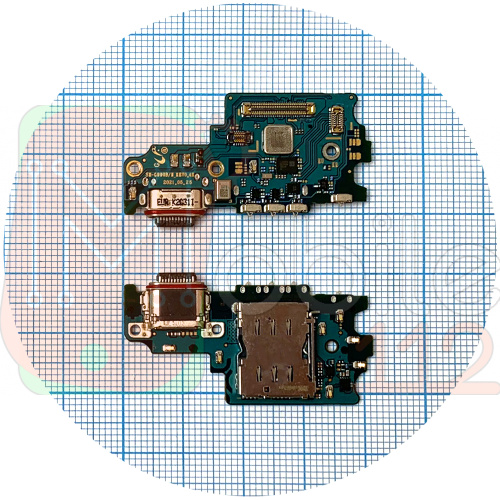 Шлейф Samsung Galaxy S21 FE 5G G990B с разъемами зарядки и Sim-карты с микрофоном - нижняя плата (оригинал Китай)