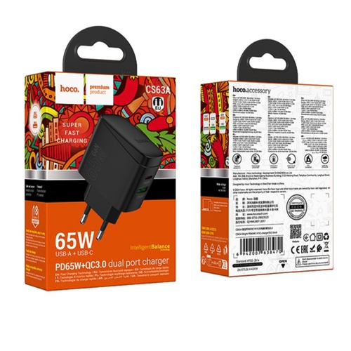 Мережевий адаптер Hoco CS63A Bright charger USB,Type-C PD 65W (чорний) фото 2