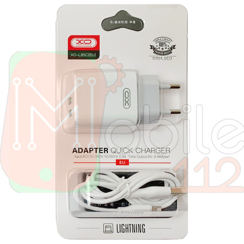 Зарядное устройство XO L85C с кабелем Lightning 2 USB QC3.0 2.4A белое