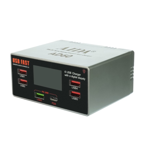 Зарядная станция с индикацией параметров зарядки Aida AD60 (4 USB 2А/ 1 USB QC 3.0A/ 1 Type-C PD 20W) Зарядная станция с индикацией параметров зарядки Aida AD60 (4 USB 2А/ 1 USB QC 3.0A/ 1 Type-C PD 20W)
