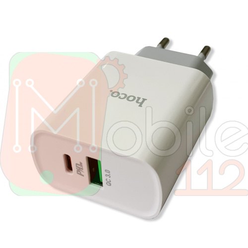 Мережевий адаптер Hoco C80A Rapido Type C 20W + USB QC3.0, швидка зарядка (біле) фото 2